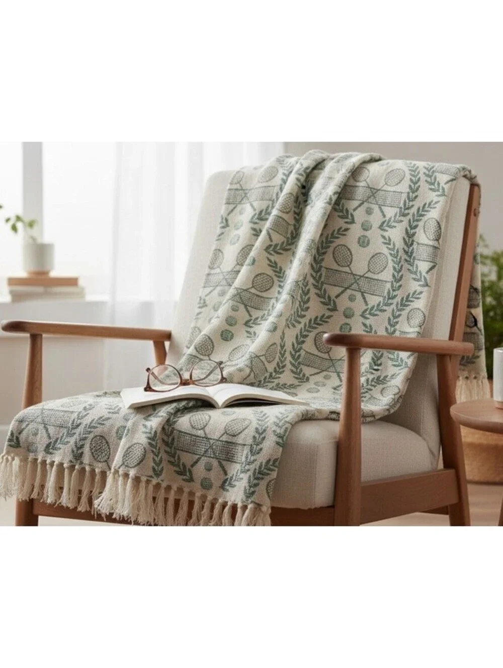 Tennis Racket Boxwood Woven Cream And Green Afghan Blanket 50x60in Boy Decor